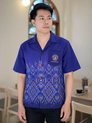 ออกแบบเสื้อทีมผ้าไทย รับผลิตเสื้อทีมผ้าไทย ทรงฮาวาย ด้านหน้า
