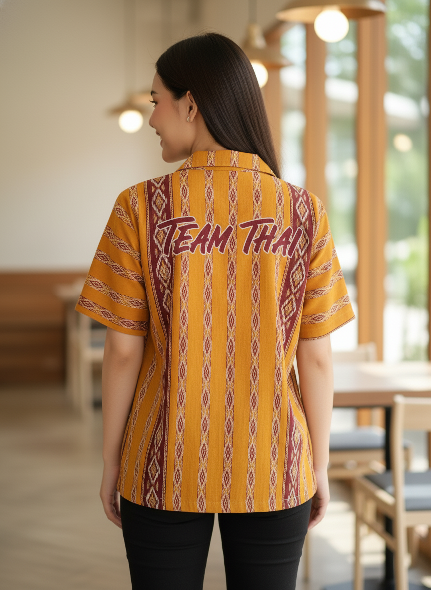 เสื้อทีมผ้าไทย ลายมัดหมี่ ด้านหลัง เสื้อทีมผ้าไทย ลายมัดหมี่ ด้านหลัง