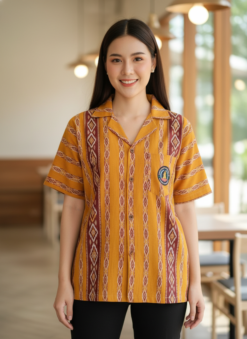 ออกแบบเสื้อทีมผ้าไทย รับผลิตเสื้อทีมผ้าไทย ทรงฮาวาย ด้านหน้า ออกแบบเสื้อทีมผ้าไทย รับผลิตเสื้อทีมผ้าไทย ทรงฮาวาย ด้านหน้า