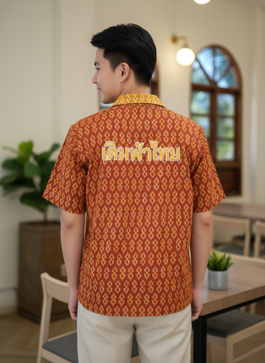 เสื้อทีมผ้าไทย ลายมัดหมี่ ด้านหลัง เสื้อทีมผ้าไทย ลายมัดหมี่ ด้านหลัง