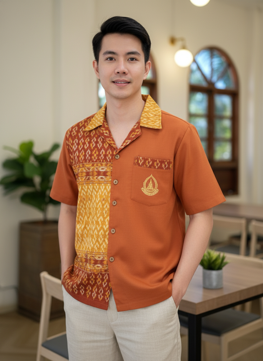 ออกแบบเสื้อทีมผ้าไทย รับผลิตเสื้อทีมผ้าไทย ทรงฮาวาย ด้านหน้า ออกแบบเสื้อทีมผ้าไทย รับผลิตเสื้อทีมผ้าไทย ทรงฮาวาย ด้านหน้า