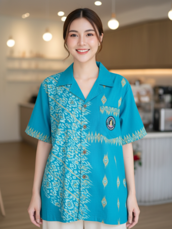 ออกแบบเสื้อทีมผ้าไทย รับผลิตเสื้อทีมผ้าไทย ทรงฮาวาย ด้านหน้า
