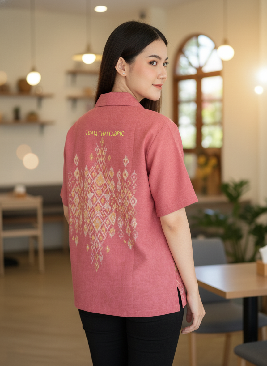 เสื้อทีมผ้าไทย ลายมัดหมี่ ด้านหลัง เสื้อทีมผ้าไทย ลายมัดหมี่ ด้านหลัง