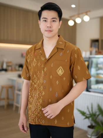 ออกแบบเสื้อทีมผ้าไทย รับผลิตเสื้อทีมผ้าไทย ทรงฮาวาย ด้านหน้า