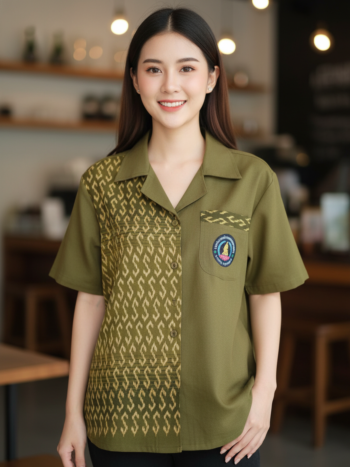 ออกแบบเสื้อทีมผ้าไทย รับผลิตเสื้อทีมผ้าไทย ทรงฮาวาย ด้านหน้า