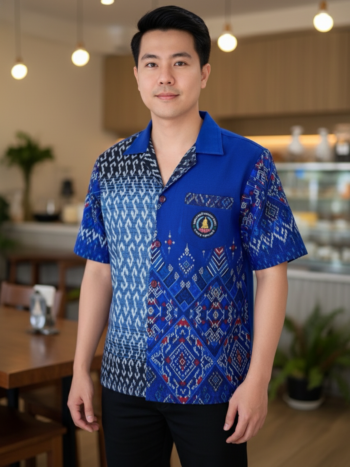 ออกแบบเสื้อทีมผ้าไทย รับผลิตเสื้อทีมผ้าไทย ทรงฮาวาย ด้านหน้า