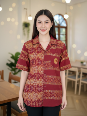 ออกแบบเสื้อทีมผ้าไทย รับผลิตเสื้อทีมผ้าไทย ทรงฮาวาย ด้านหน้า