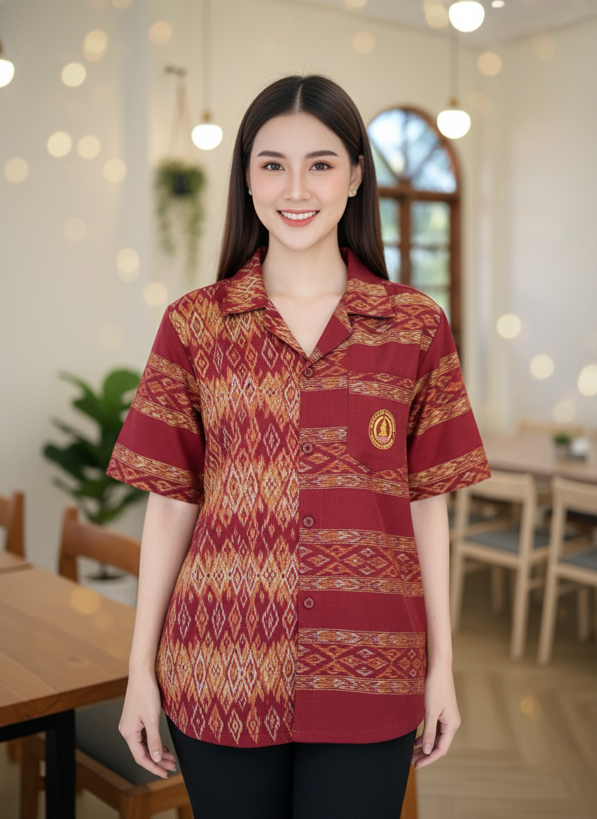 ออกแบบเสื้อทีมผ้าไทย รับผลิตเสื้อทีมผ้าไทย ทรงฮาวาย ด้านหน้า ออกแบบเสื้อทีมผ้าไทย รับผลิตเสื้อทีมผ้าไทย ทรงฮาวาย ด้านหน้า