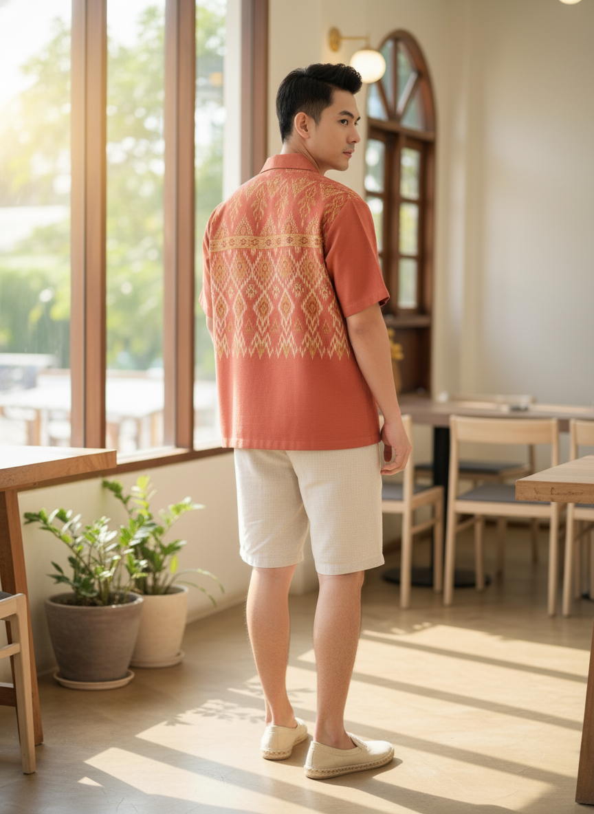 เสื้อทีมผ้าไทย ลายมัดหมี่ ด้านหลัง เสื้อทีมผ้าไทย ลายมัดหมี่ ด้านหลัง