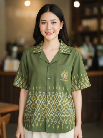 ออกแบบเสื้อทีมผ้าไทย รับผลิตเสื้อทีมผ้าไทย ทรงฮาวาย ด้านหน้า