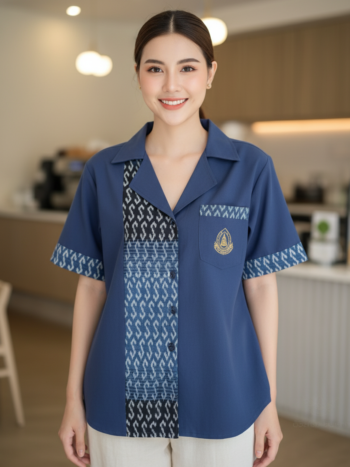 ออกแบบเสื้อทีมผ้าไทย รับผลิตเสื้อทีมผ้าไทย ทรงฮาวาย ด้านหน้า