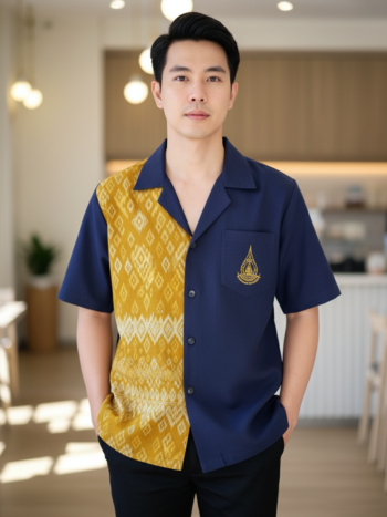ออกแบบเสื้อทีมผ้าไทย รับผลิตเสื้อทีมผ้าไทย ทรงฮาวาย ด้านหน้า