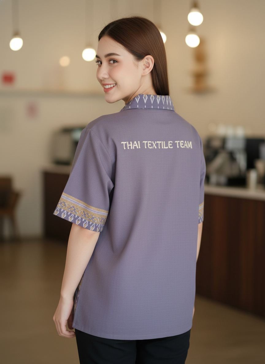 เสื้อทีมผ้าไทย ลายมัดหมี่ ด้านหลัง เสื้อทีมผ้าไทย ลายมัดหมี่ ด้านหลัง