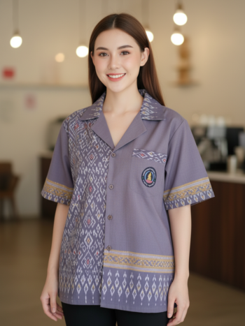 ออกแบบเสื้อทีมผ้าไทย รับผลิตเสื้อทีมผ้าไทย ทรงฮาวาย ด้านหน้า