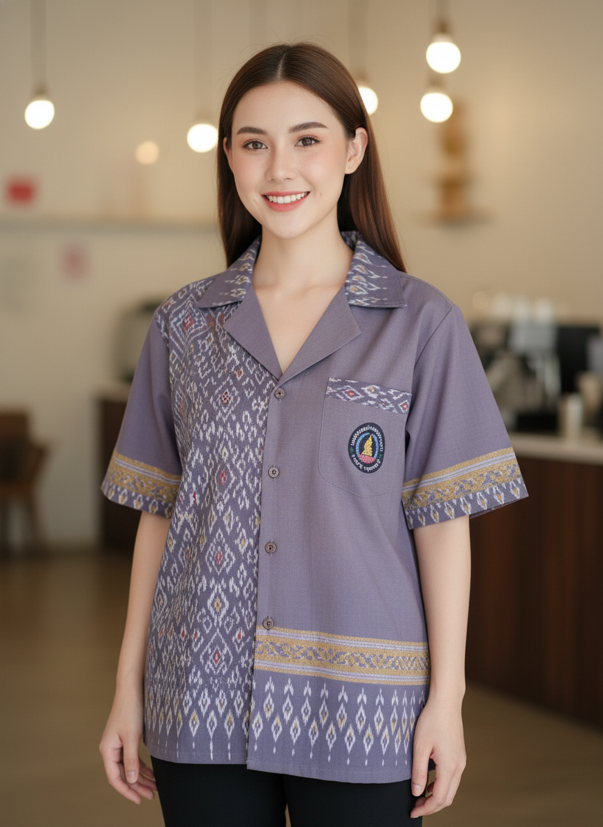 ออกแบบเสื้อทีมผ้าไทย รับผลิตเสื้อทีมผ้าไทย ทรงฮาวาย ด้านหน้า ออกแบบเสื้อทีมผ้าไทย รับผลิตเสื้อทีมผ้าไทย ทรงฮาวาย ด้านหน้า