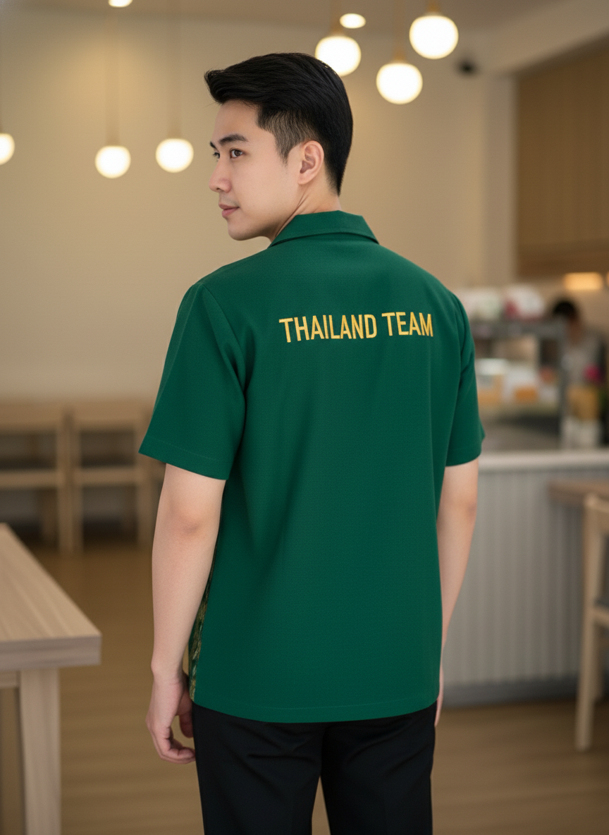 เสื้อทีมผ้าไทย ลายมัดหมี่ ด้านหลัง เสื้อทีมผ้าไทย ลายมัดหมี่ ด้านหลัง