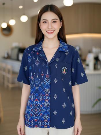 ออกแบบเสื้อทีมผ้าไทย รับผลิตเสื้อทีมผ้าไทย ทรงฮาวาย ด้านหน้า