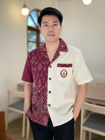 ออกแบบเสื้อทีมผ้าไทย รับผลิตเสื้อทีมผ้าไทย ทรงฮาวาย ด้านหน้า