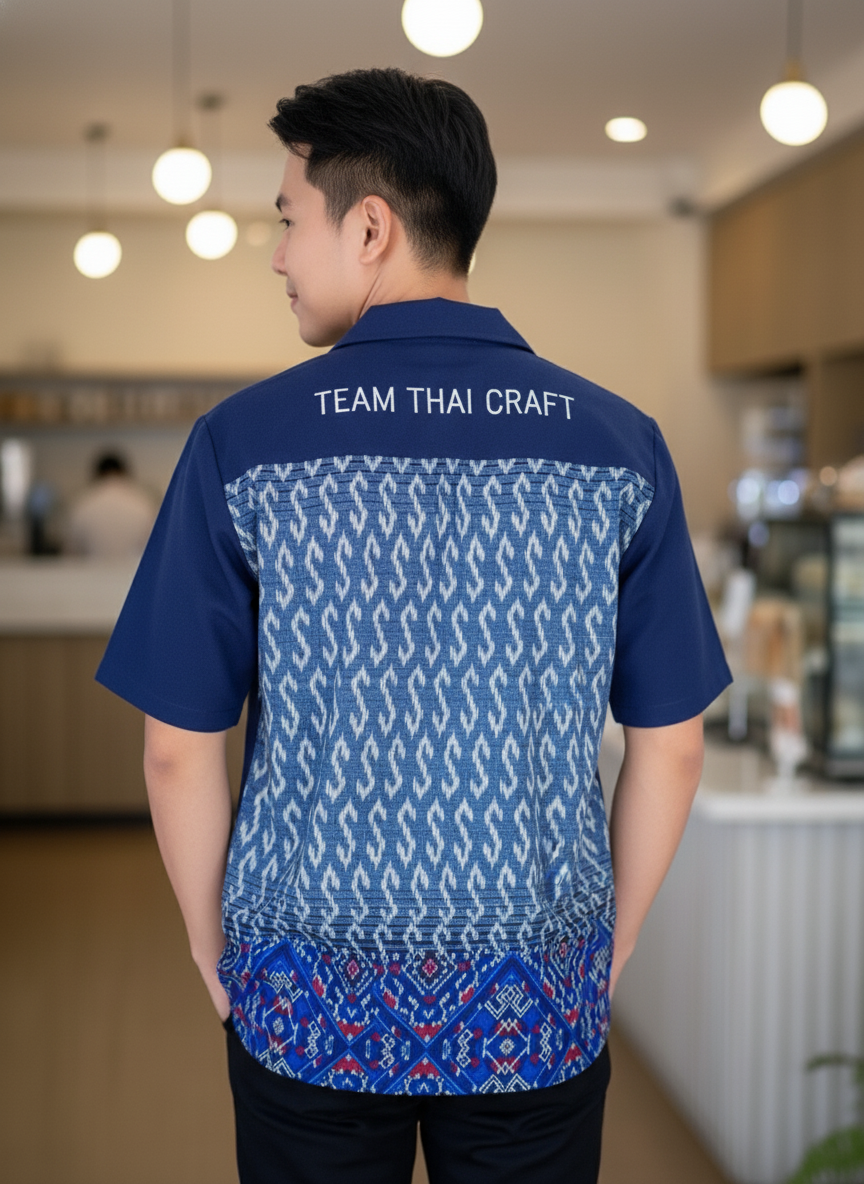เสื้อทีมผ้าไทย ลายมัดหมี่ ด้านหลัง เสื้อทีมผ้าไทย ลายมัดหมี่ ด้านหลัง