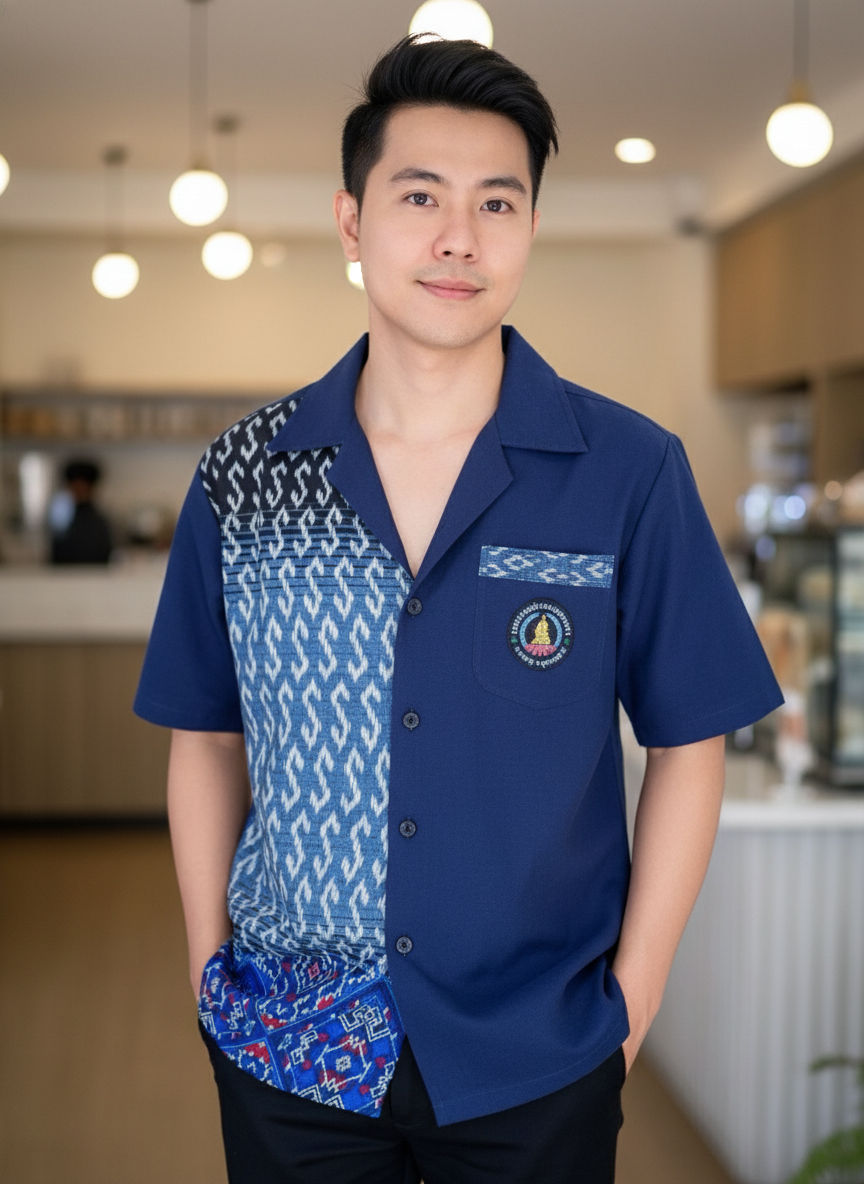 ออกแบบเสื้อทีมผ้าไทย รับผลิตเสื้อทีมผ้าไทย ทรงฮาวาย ด้านหน้า ออกแบบเสื้อทีมผ้าไทย รับผลิตเสื้อทีมผ้าไทย ทรงฮาวาย ด้านหน้า