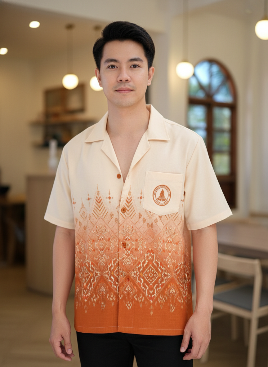 ออกแบบเสื้อทีมผ้าไทย รับผลิตเสื้อทีมผ้าไทย ทรงฮาวาย ด้านหน้า ออกแบบเสื้อทีมผ้าไทย รับผลิตเสื้อทีมผ้าไทย ทรงฮาวาย ด้านหน้า