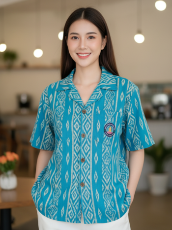 ออกแบบเสื้อทีมผ้าไทย รับผลิตเสื้อทีมผ้าไทย ทรงฮาวาย ด้านหน้า