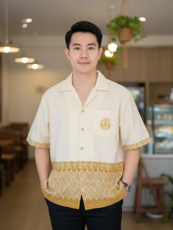 ออกแบบเสื้อทีมผ้าไทย รับผลิตเสื้อทีมผ้าไทย ทรงฮาวาย ด้านหน้า