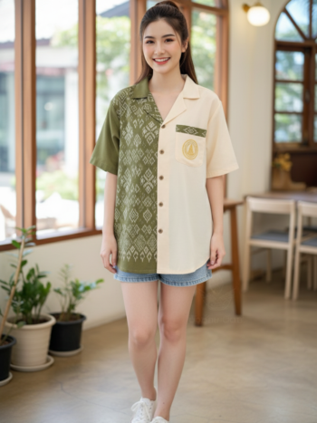 ออกแบบเสื้อทีมผ้าไทย รับผลิตเสื้อทีมผ้าไทย ทรงฮาวาย ด้านหน้า