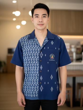 ออกแบบเสื้อทีมผ้าไทย รับผลิตเสื้อทีมผ้าไทย ทรงฮาวาย ด้านหน้า