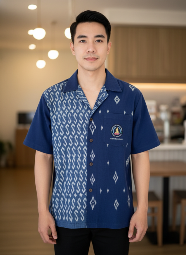 เสื้อทีมผ้าไทย ลายมัดหมี่ ทรงฮาวาย