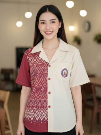 ออกแบบเสื้อทีมผ้าไทย รับผลิตเสื้อทีมผ้าไทย ทรงฮาวาย ด้านหน้า
