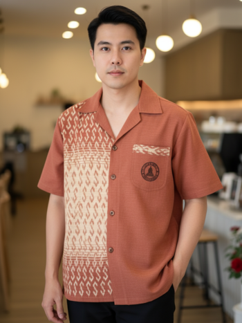 ออกแบบเสื้อทีมผ้าไทย รับผลิตเสื้อทีมผ้าไทย ทรงฮาวาย ด้านหน้า