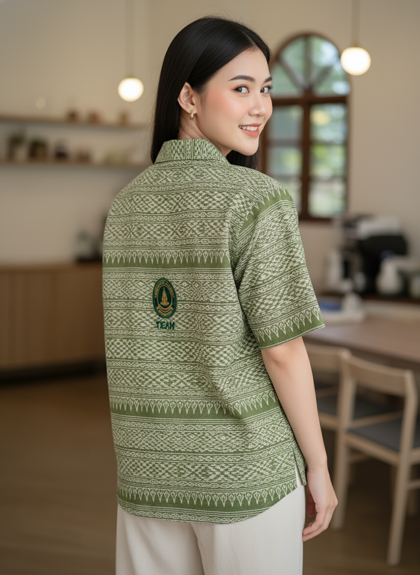 เสื้อทีมผ้าไทย ลายมัดหมี่ ด้านหลัง เสื้อทีมผ้าไทย ลายมัดหมี่ ด้านหลัง