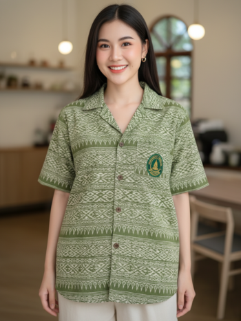 ออกแบบเสื้อทีมผ้าไทย รับผลิตเสื้อทีมผ้าไทย ทรงฮาวาย ด้านหน้า