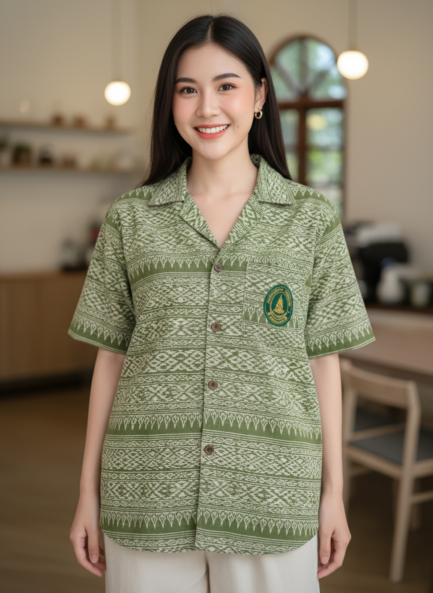 ออกแบบเสื้อทีมผ้าไทย รับผลิตเสื้อทีมผ้าไทย ทรงฮาวาย ด้านหน้า ออกแบบเสื้อทีมผ้าไทย รับผลิตเสื้อทีมผ้าไทย ทรงฮาวาย ด้านหน้า
