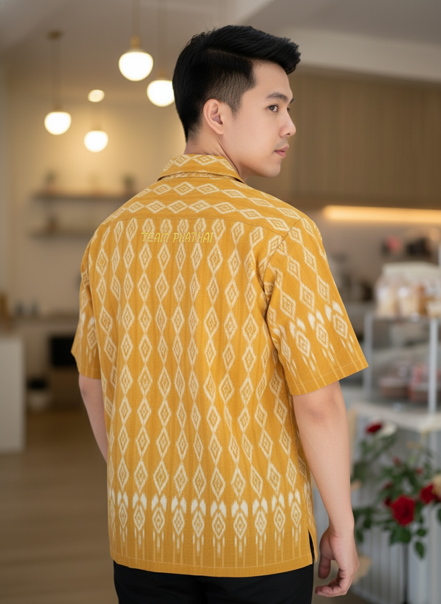 เสื้อทีมผ้าไทย ลายมัดหมี่ ด้านหลัง เสื้อทีมผ้าไทย ลายมัดหมี่ ด้านหลัง