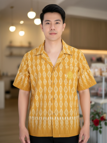 ออกแบบเสื้อทีมผ้าไทย รับผลิตเสื้อทีมผ้าไทย ทรงฮาวาย ด้านหน้า