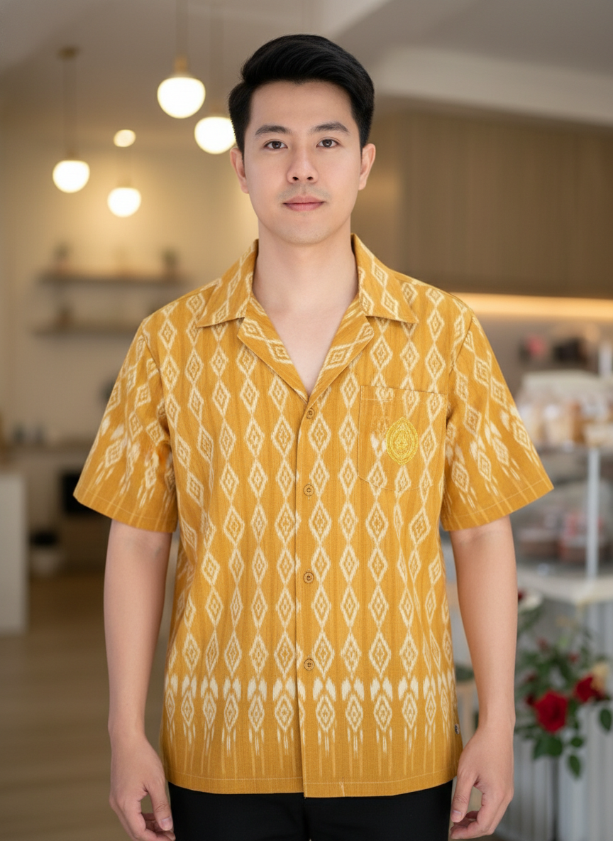 ออกแบบเสื้อทีมผ้าไทย รับผลิตเสื้อทีมผ้าไทย ทรงฮาวาย ด้านหน้า ออกแบบเสื้อทีมผ้าไทย รับผลิตเสื้อทีมผ้าไทย ทรงฮาวาย ด้านหน้า