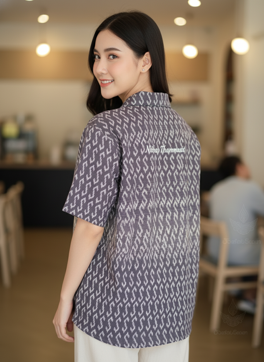 เสื้อทีมผ้าไทย ลายมัดหมี่ ด้านหลัง เสื้อทีมผ้าไทย ลายมัดหมี่ ด้านหลัง