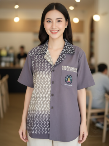 ออกแบบเสื้อทีมผ้าไทย รับผลิตเสื้อทีมผ้าไทย ทรงฮาวาย ด้านหน้า