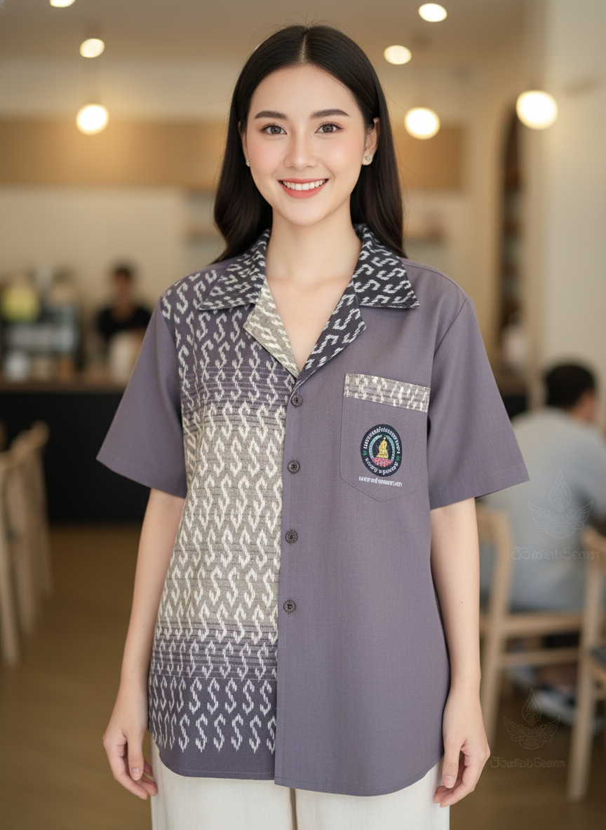 ออกแบบเสื้อทีมผ้าไทย รับผลิตเสื้อทีมผ้าไทย ทรงฮาวาย ด้านหน้า ออกแบบเสื้อทีมผ้าไทย รับผลิตเสื้อทีมผ้าไทย ทรงฮาวาย ด้านหน้า