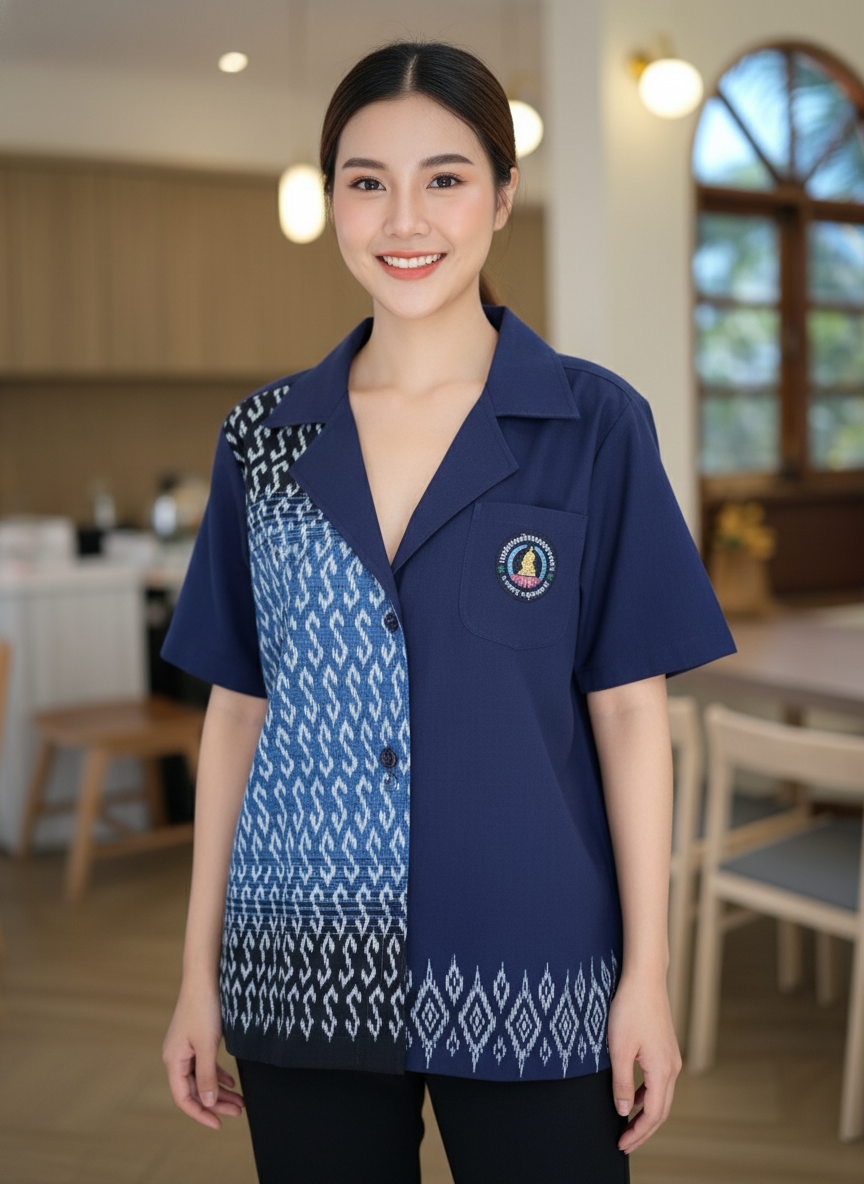 ออกแบบเสื้อทีมผ้าไทย รับผลิตเสื้อทีมผ้าไทย ทรงฮาวาย ด้านหน้า ออกแบบเสื้อทีมผ้าไทย รับผลิตเสื้อทีมผ้าไทย ทรงฮาวาย ด้านหน้า