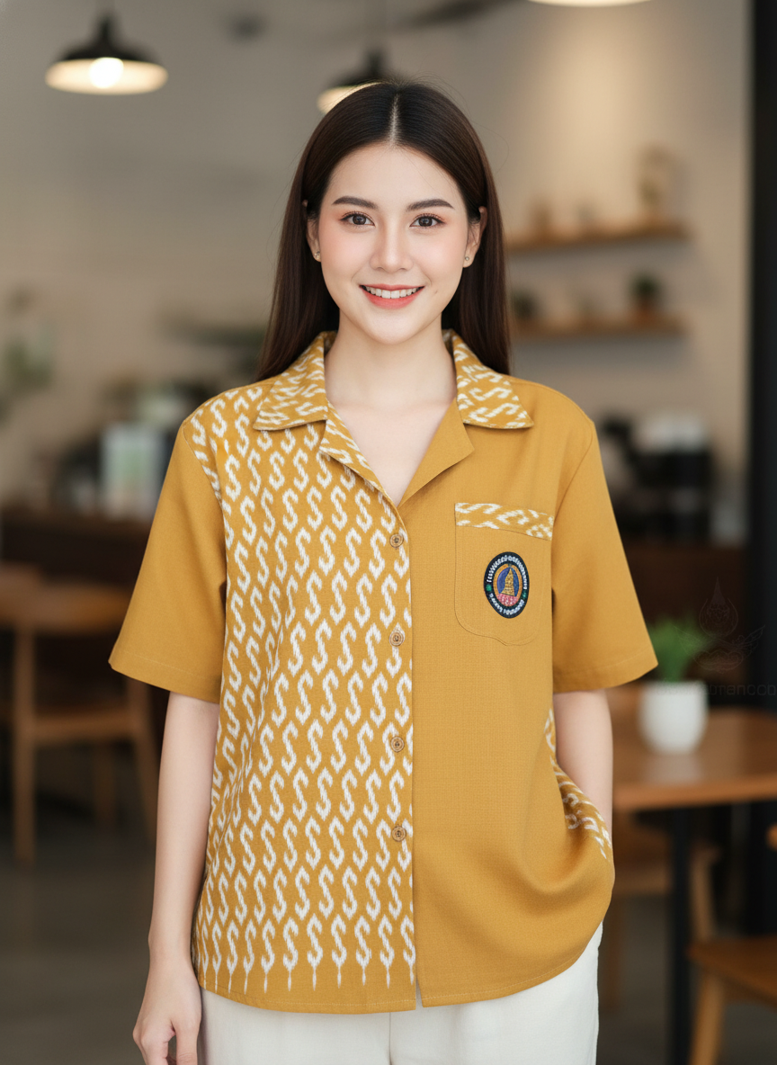 ออกแบบเสื้อทีมผ้าไทย รับผลิตเสื้อทีมผ้าไทย ทรงฮาวาย ด้านหน้า ออกแบบเสื้อทีมผ้าไทย รับผลิตเสื้อทีมผ้าไทย ทรงฮาวาย ด้านหน้า