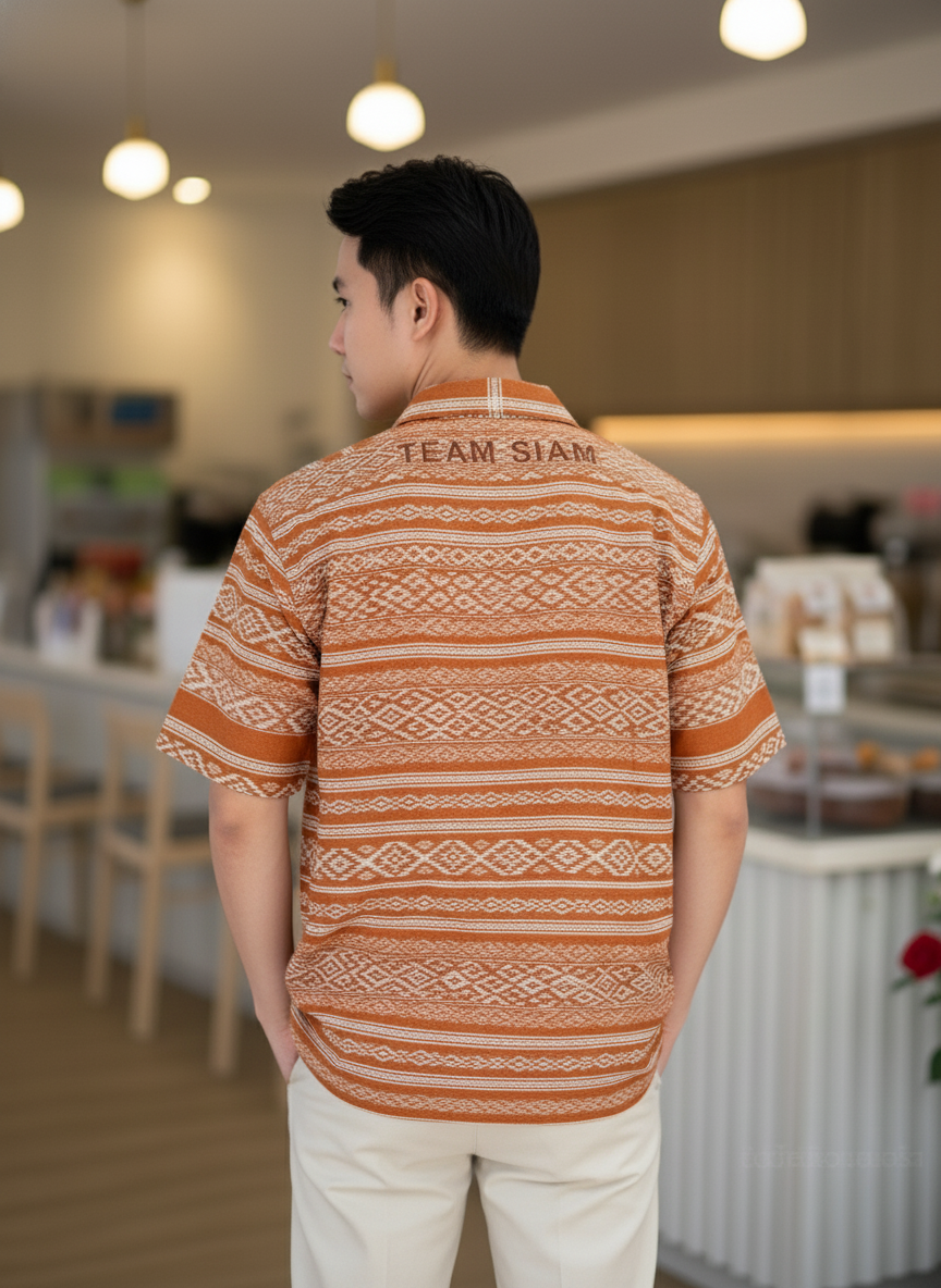 เสื้อทีมผ้าไทย ลายมัดหมี่ ด้านหลัง เสื้อทีมผ้าไทย ลายมัดหมี่ ด้านหลัง