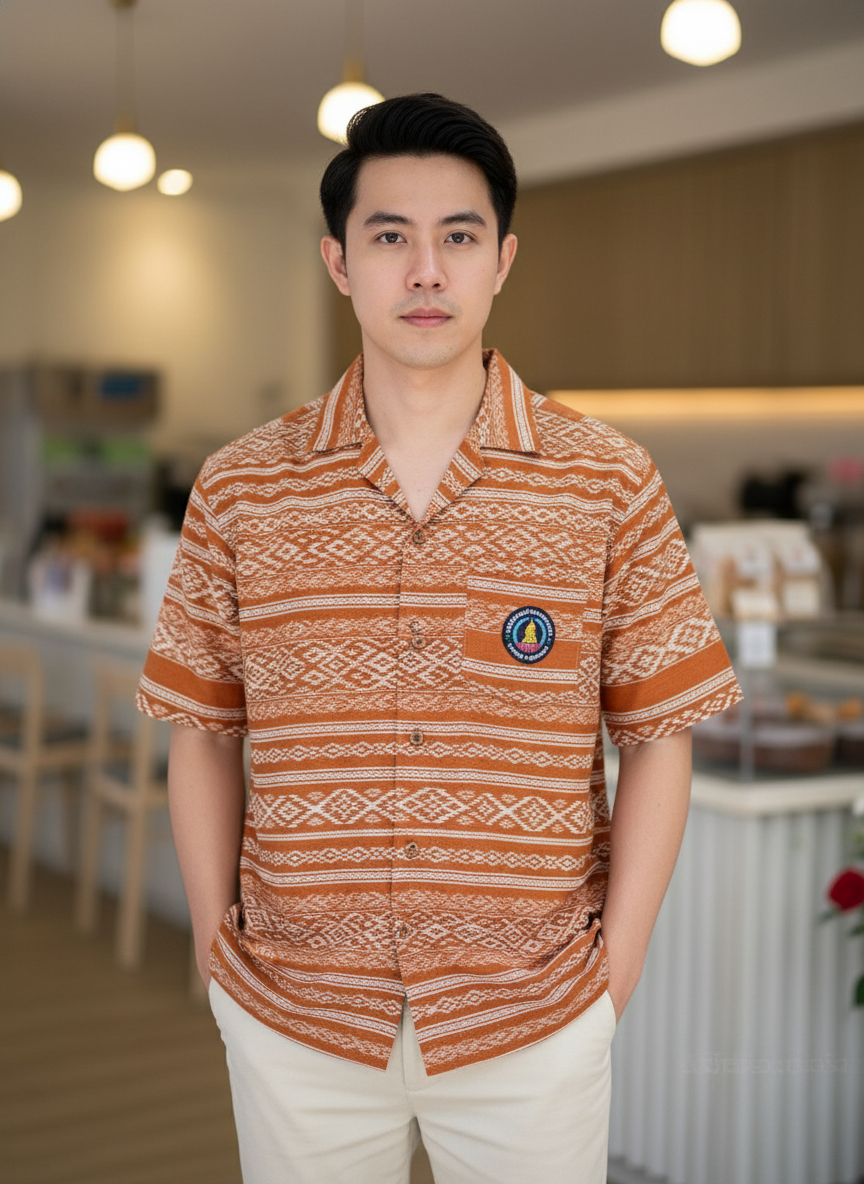 ออกแบบเสื้อทีมผ้าไทย รับผลิตเสื้อทีมผ้าไทย ทรงฮาวาย ด้านหน้า ออกแบบเสื้อทีมผ้าไทย รับผลิตเสื้อทีมผ้าไทย ทรงฮาวาย ด้านหน้า