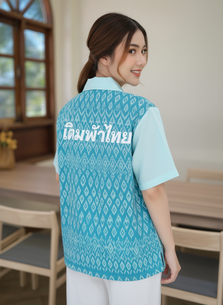 เสื้อทีมผ้าไทย ลายมัดหมี่ ด้านหลัง เสื้อทีมผ้าไทย ลายมัดหมี่ ด้านหลัง