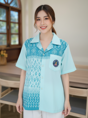 ออกแบบเสื้อทีมผ้าไทย รับผลิตเสื้อทีมผ้าไทย ทรงฮาวาย ด้านหน้า