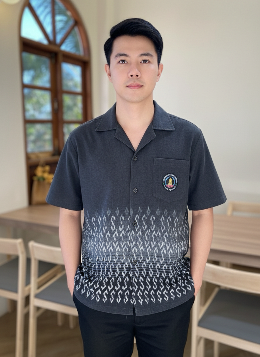 ออกแบบเสื้อทีมผ้าไทย รับผลิตเสื้อทีมผ้าไทย ทรงฮาวาย ด้านหน้า ออกแบบเสื้อทีมผ้าไทย รับผลิตเสื้อทีมผ้าไทย ทรงฮาวาย ด้านหน้า