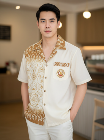 ออกแบบเสื้อทีมผ้าไทย รับผลิตเสื้อทีมผ้าไทย ทรงฮาวาย ด้านหน้า
