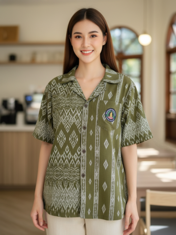 ออกแบบเสื้อทีมผ้าไทย รับผลิตเสื้อทีมผ้าไทย ทรงฮาวาย ด้านหน้า